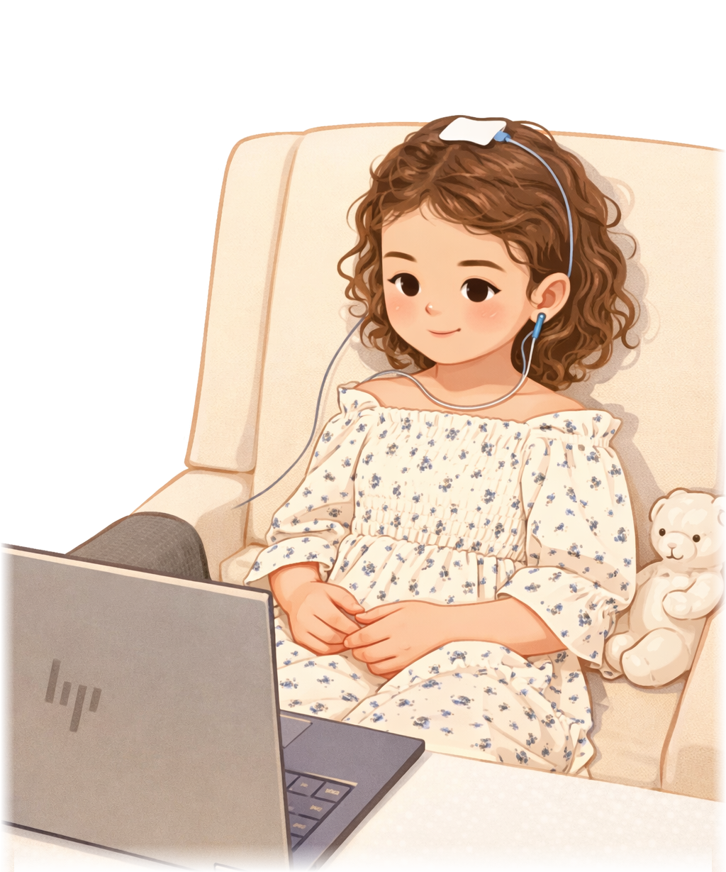 Illustration of a child comfortably doing a neurofeedback session